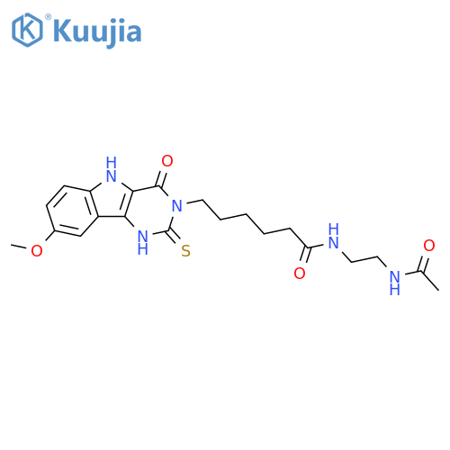 N-(2-acetamidoethyl)-6-{8-methoxy-4-oxo-2-sulfanylidene-1H,2H,3H,4H,5H-pyrimido5,4-bindol-3-yl}hexanamide structure
