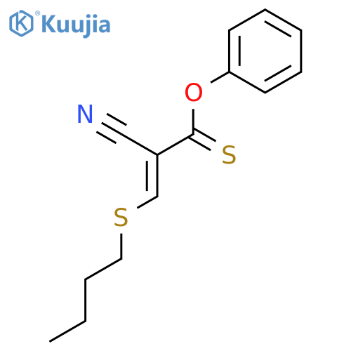 2-Propenethioic acid, 3-(butylthio)-2-cyano-, O-phenyl ester structure