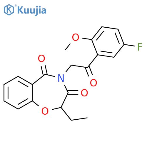 2-ethyl-4-2-(5-fluoro-2-methoxyphenyl)-2-oxoethyl-2,3,4,5-tetrahydro-1,4-benzoxazepine-3,5-dione structure