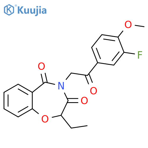 2-ethyl-4-2-(3-fluoro-4-methoxyphenyl)-2-oxoethyl-2,3,4,5-tetrahydro-1,4-benzoxazepine-3,5-dione structure