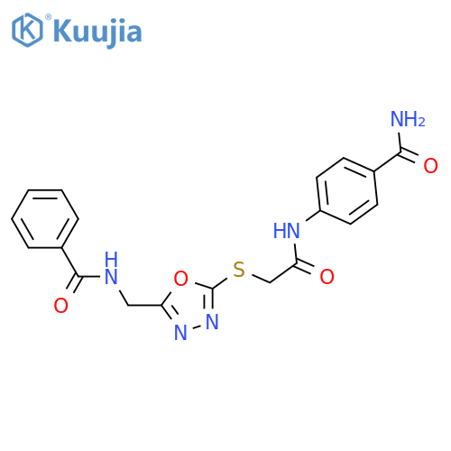 4-2-({5-(phenylformamido)methyl-1,3,4-oxadiazol-2-yl}sulfanyl)acetamidobenzamide structure