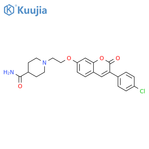 1-(2-{3-(4-chlorophenyl)-2-oxo-2H-chromen-7-yloxy}ethyl)piperidine-4-carboxamide structure