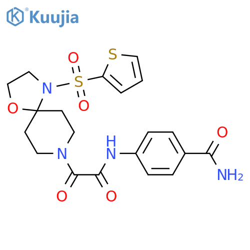 4-{2-oxo-2-4-(thiophene-2-sulfonyl)-1-oxa-4,8-diazaspiro4.5decan-8-ylacetamido}benzamide structure