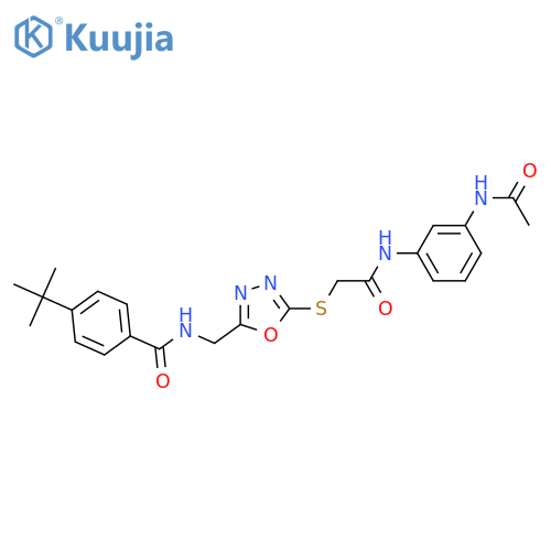 4-tert-butyl-N-{5-({(3-acetamidophenyl)carbamoylmethyl}sulfanyl)-1,3,4-oxadiazol-2-ylmethyl}benzamide structure