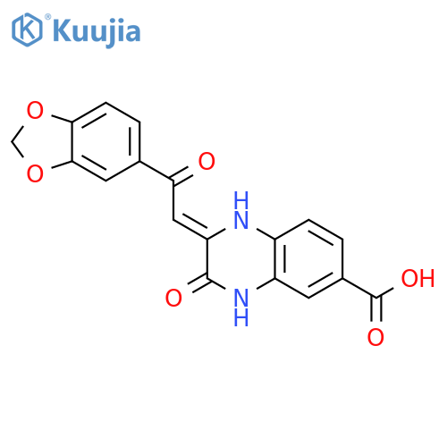 2-2-Benzo1,3dioxol-5-yl-2-oxo-eth-(Z)-ylidene-3-oxo-1,2,3,4-tetrahydroquinoxaline-6-carboxylic acid structure