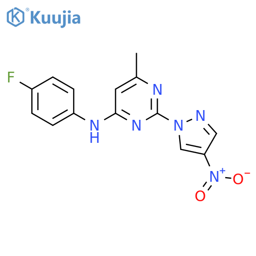 N-(4-fluorophenyl)-6-methyl-2-(4-nitro-1H-pyrazol-1-yl)pyrimidin-4-amine structure