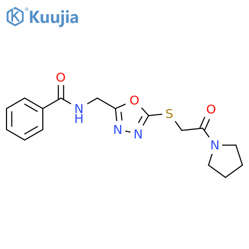 N-(5-{2-oxo-2-(pyrrolidin-1-yl)ethylsulfanyl}-1,3,4-oxadiazol-2-yl)methylbenzamide structure