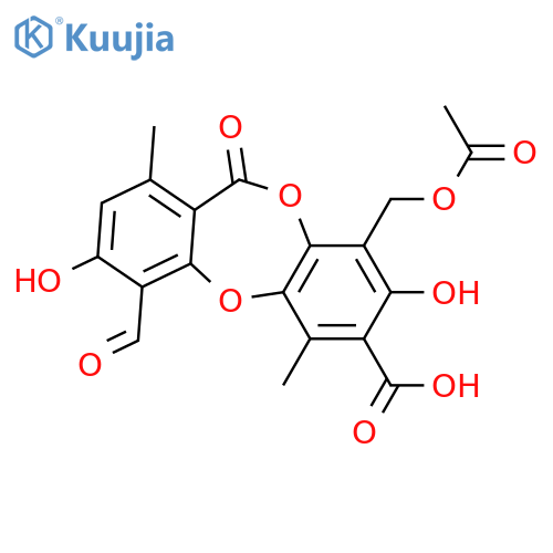 11H-Dibenzo[b,e][1,4]dioxepin-7-carboxylicacid, 9-[(acetyloxy)methyl]-4-formyl-3,8-dihydroxy-1,6-dimethyl-11-oxo- structure