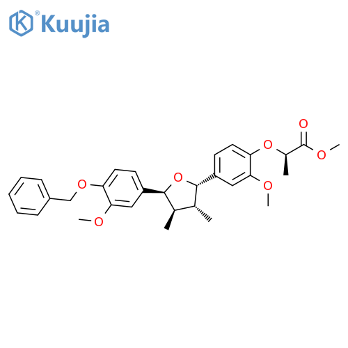 Propanoic acid, 2-[2-methoxy-4-[(2S,3R,4R,5S)-tetrahydro-5-[3-methoxy-4-(phenylmethoxy)phenyl]-3,4-dimethyl-2-furanyl]phenoxy]-, methyl ester, (2R)- structure