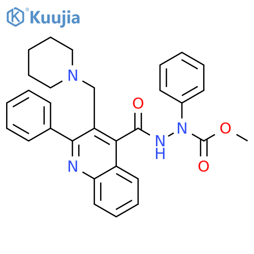 4-Quinolinecarboxylic acid, 2-phenyl-3-(1-piperidinylmethyl)-,2-(methoxycarbonyl)-2-phenylhydrazide structure