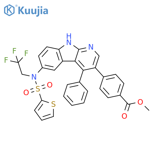 Benzoic acid,4-[4-phenyl-6-[(2-thienylsulfonyl)(2,2,2-trifluoroethyl)amino]-9H-pyrido[2,3-b]indol-3-yl]-, methyl ester structure