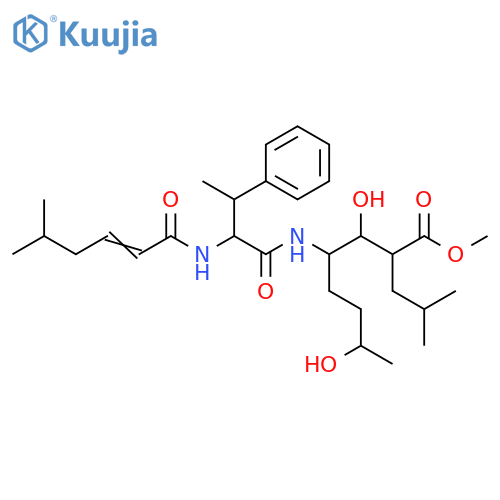 Octanoic acid, 3,7-dihydroxy-4-[[2-[(5-methyl-1-oxo-2-hexenyl)amino]-1-oxo-3-phenylbutyl]amino]-2-(2-methylpropyl)-, methyl ester (9CI) structure