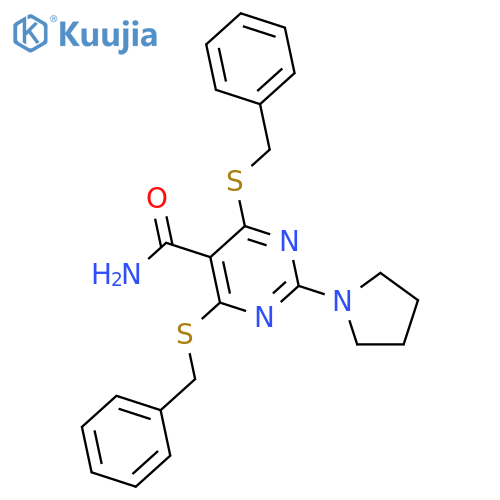 5-PYRIMIDINECARBOXAMIDE, 4,6-BIS[(PHENYLMETHYL)THIO]-2-(1-PYRROLIDINYL)- structure
