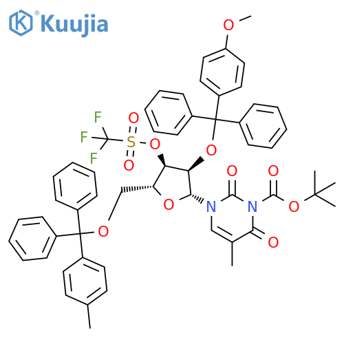1,1-Dimethylethyl 3,6-dihydro-3-[2-O-[(4-methoxyphenyl)diphenylmethyl]-5-O-[(4-methylphenyl)diphenylmethyl]-3-O-[(trifluoromethyl)sulfonyl]-β-D-ribofuranosyl]-5-methyl-2,6-dioxo-1(2H)-pyrimidinecarboxylate structure