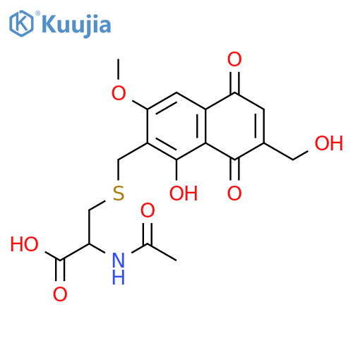 N-acetyl-S-{[1-hydroxy-7-(hydroxymethyl)-3-methoxy-5,8-dioxo-5,8-dihydronaphthalen-2-yl]methyl}-L-cysteine structure