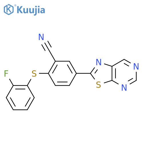 Benzonitrile, 2-[(2-fluorophenyl)thio]-5-thiazolo[5,4-d]pyrimidin-2-yl- structure