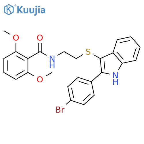 N-(2-{2-(4-bromophenyl)-1H-indol-3-ylsulfanyl}ethyl)-2,6-dimethoxybenzamide structure
