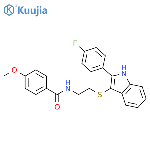 N-(2-{2-(4-fluorophenyl)-1H-indol-3-ylsulfanyl}ethyl)-4-methoxybenzamide structure