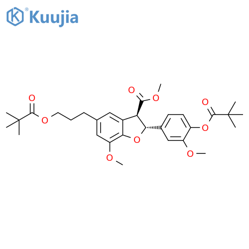 rel-Methyl (2R,3R)-2-[4-(2,2-dimethyl-1-oxopropoxy)-3-methoxyphenyl]-5-[3-(2,2-dimethyl-1-oxopropoxy)propyl]-2,3-dihydro-7-methoxy-3-benzofurancarboxylate structure