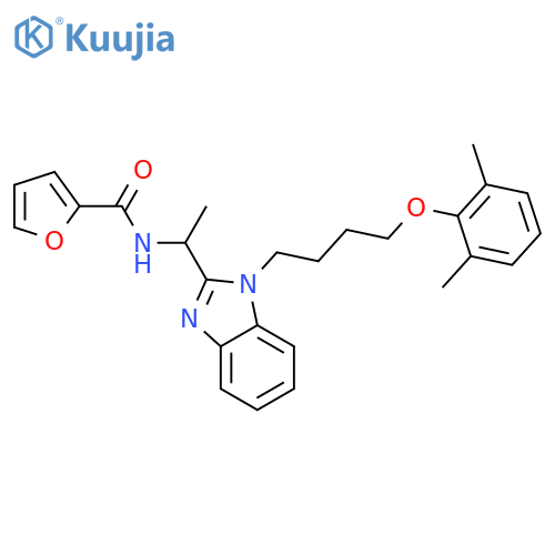 N-(1-{1-4-(2,6-dimethylphenoxy)butyl-1H-1,3-benzodiazol-2-yl}ethyl)furan-2-carboxamide structure