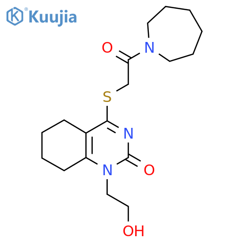 4-{2-(azepan-1-yl)-2-oxoethylsulfanyl}-1-(2-hydroxyethyl)-1,2,5,6,7,8-hexahydroquinazolin-2-one structure