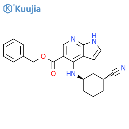 1H-Pyrrolo[2,3-b]pyridine-5-carboxylic acid,4-[[(1R,3R)-3-cyanocyclohexyl]amino]-, phenylmethyl ester, rel- structure
