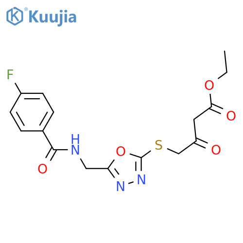 ethyl 4-(5-{(4-fluorophenyl)formamidomethyl}-1,3,4-oxadiazol-2-yl)sulfanyl-3-oxobutanoate structure