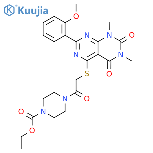 ethyl 4-(2-{2-(2-methoxyphenyl)-6,8-dimethyl-5,7-dioxo-5H,6H,7H,8H-1,3diazino4,5-dpyrimidin-4-ylsulfanyl}acetyl)piperazine-1-carboxylate structure