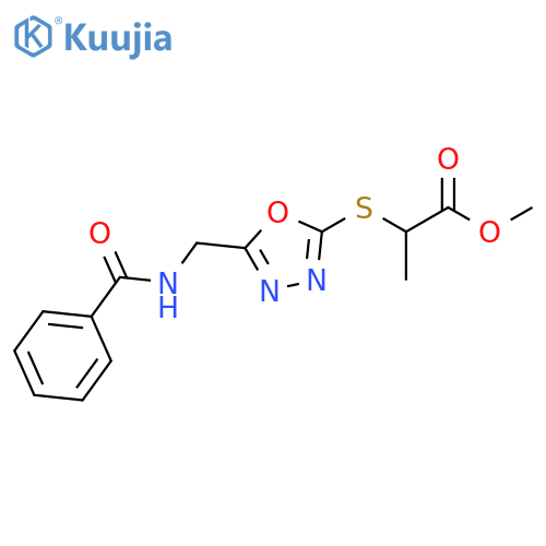 methyl 2-({5-(phenylformamido)methyl-1,3,4-oxadiazol-2-yl}sulfanyl)propanoate structure