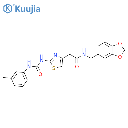 N-(2H-1,3-benzodioxol-5-yl)methyl-2-(2-{(3-methylphenyl)carbamoylamino}-1,3-thiazol-4-yl)acetamide structure
