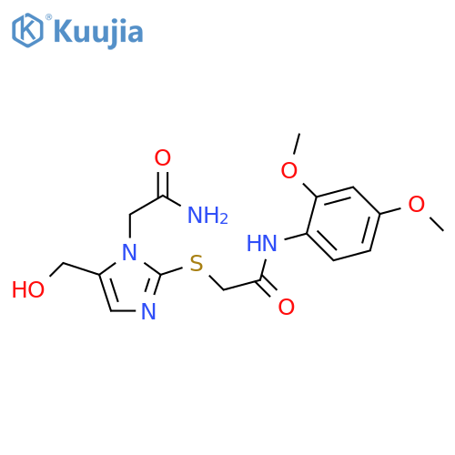 2-{1-(carbamoylmethyl)-5-(hydroxymethyl)-1H-imidazol-2-ylsulfanyl}-N-(2,4-dimethoxyphenyl)acetamide structure