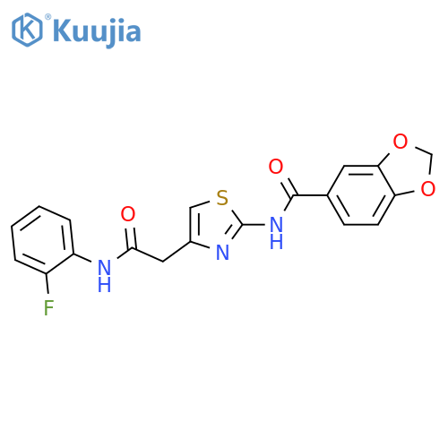 N-(4-{(2-fluorophenyl)carbamoylmethyl}-1,3-thiazol-2-yl)-2H-1,3-benzodioxole-5-carboxamide structure
