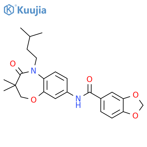 N-3,3-dimethyl-5-(3-methylbutyl)-4-oxo-2,3,4,5-tetrahydro-1,5-benzoxazepin-8-yl-2H-1,3-benzodioxole-5-carboxamide structure