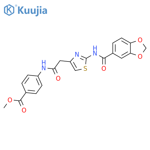 methyl 4-{2-2-(2H-1,3-benzodioxole-5-amido)-1,3-thiazol-4-ylacetamido}benzoate structure