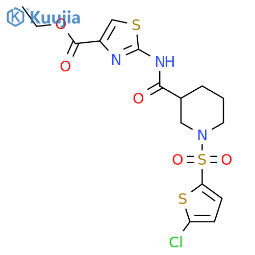 ethyl 2-{1-(5-chlorothiophen-2-yl)sulfonylpiperidine-3-amido}-1,3-thiazole-4-carboxylate structure