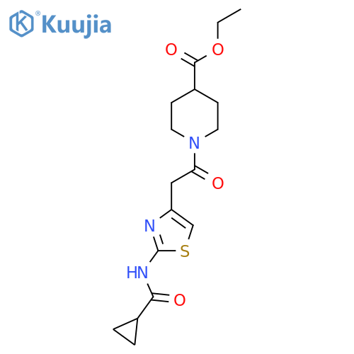 ethyl 1-2-(2-cyclopropaneamido-1,3-thiazol-4-yl)acetylpiperidine-4-carboxylate structure