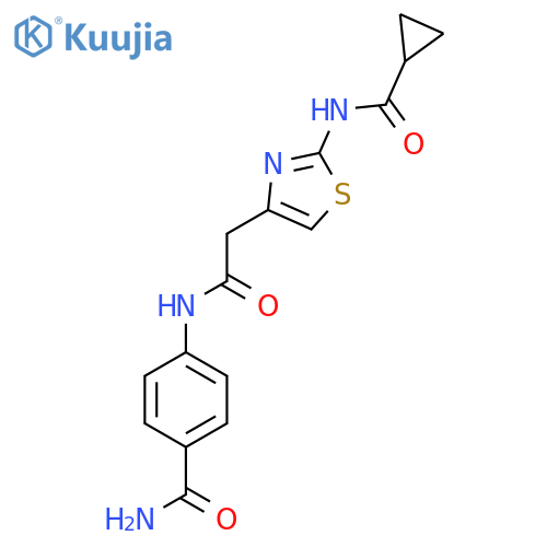 4-2-(2-cyclopropaneamido-1,3-thiazol-4-yl)acetamidobenzamide structure