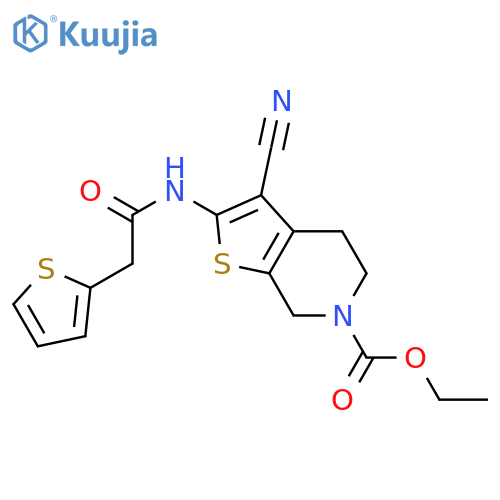 ethyl 3-cyano-2-2-(thiophen-2-yl)acetamido-4H,5H,6H,7H-thieno2,3-cpyridine-6-carboxylate structure