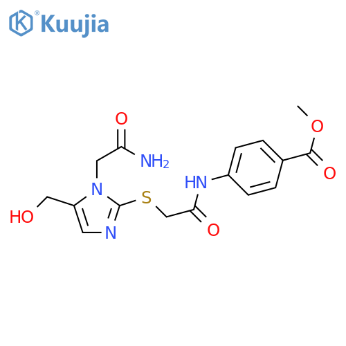 methyl 4-(2-{1-(carbamoylmethyl)-5-(hydroxymethyl)-1H-imidazol-2-ylsulfanyl}acetamido)benzoate structure