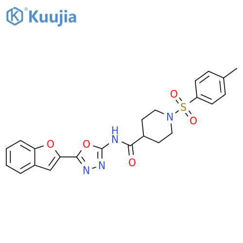 N-5-(1-benzofuran-2-yl)-1,3,4-oxadiazol-2-yl-1-(4-methylbenzenesulfonyl)piperidine-4-carboxamide structure