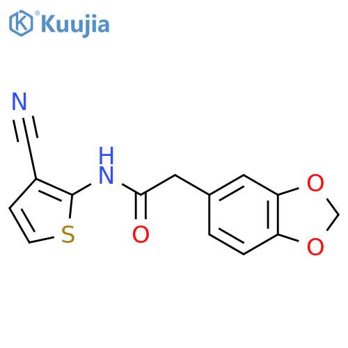 2-(2H-1,3-benzodioxol-5-yl)-N-(3-cyanothiophen-2-yl)acetamide structure