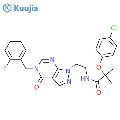2-(4-chlorophenoxy)-N-(2-{5-(2-fluorophenyl)methyl-4-oxo-1H,4H,5H-pyrazolo3,4-dpyrimidin-1-yl}ethyl)-2-methylpropanamide structure