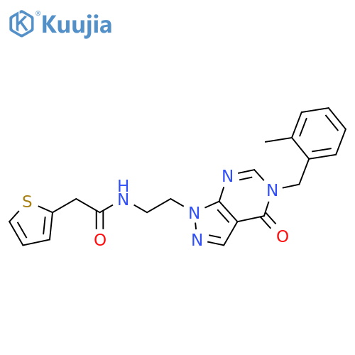 N-(2-{5-(2-methylphenyl)methyl-4-oxo-1H,4H,5H-pyrazolo3,4-dpyrimidin-1-yl}ethyl)-2-(thiophen-2-yl)acetamide structure