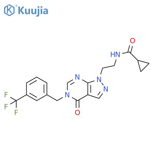N-2-(4-oxo-5-{3-(trifluoromethyl)phenylmethyl}-1H,4H,5H-pyrazolo3,4-dpyrimidin-1-yl)ethylcyclopropanecarboxamide structure