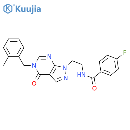 4-fluoro-N-(2-{5-(2-methylphenyl)methyl-4-oxo-1H,4H,5H-pyrazolo3,4-dpyrimidin-1-yl}ethyl)benzamide structure