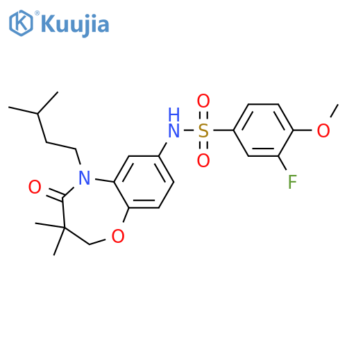 N-3,3-dimethyl-5-(3-methylbutyl)-4-oxo-2,3,4,5-tetrahydro-1,5-benzoxazepin-7-yl-3-fluoro-4-methoxybenzene-1-sulfonamide structure