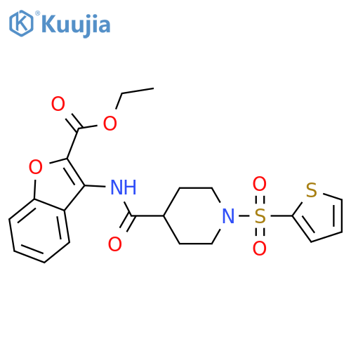 ethyl 3-1-(thiophene-2-sulfonyl)piperidine-4-amido-1-benzofuran-2-carboxylate structure