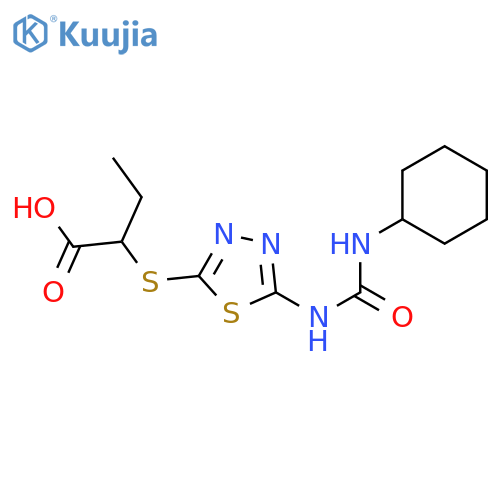 2-({5-(cyclohexylcarbamoyl)amino-1,3,4-thiadiazol-2-yl}sulfanyl)butanoic acid structure