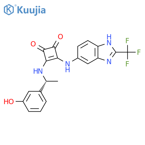 3-CYCLOBUTENE-1,2-DIONE, 3-[[(1R)-1-(3-HYDROXYPHENYL)ETHYL]AMINO]-4-[[2-(TRIFLUOROMETHYL)-1H-BENZIMIDAZOL-6-YL]AMINO]- structure
