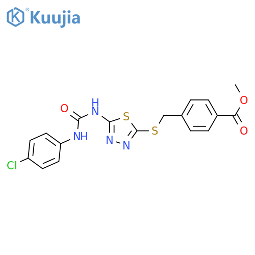 methyl 4-{(5-{(4-chlorophenyl)carbamoylamino}-1,3,4-thiadiazol-2-yl)sulfanylmethyl}benzoate structure